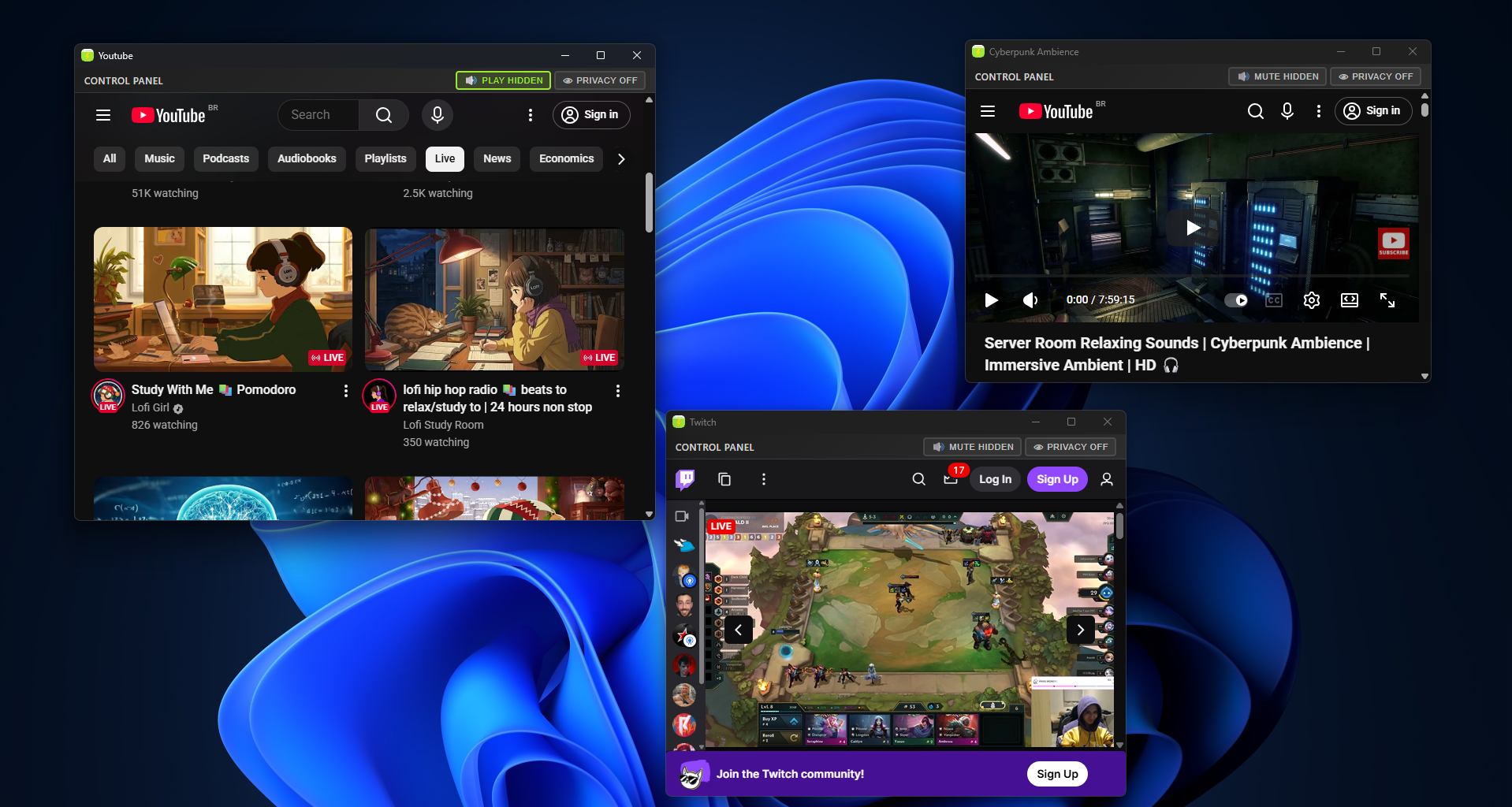 YouTube and Twitch in Snapps floating window